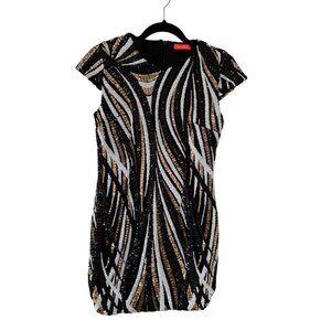 Banjul Womens Sequin Cap Sleeve Mini Dress Small Black Gold White